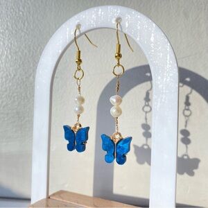 Freshwater Pearl Blue Butterfly Earrings Sterling Silver Dangle Earrings